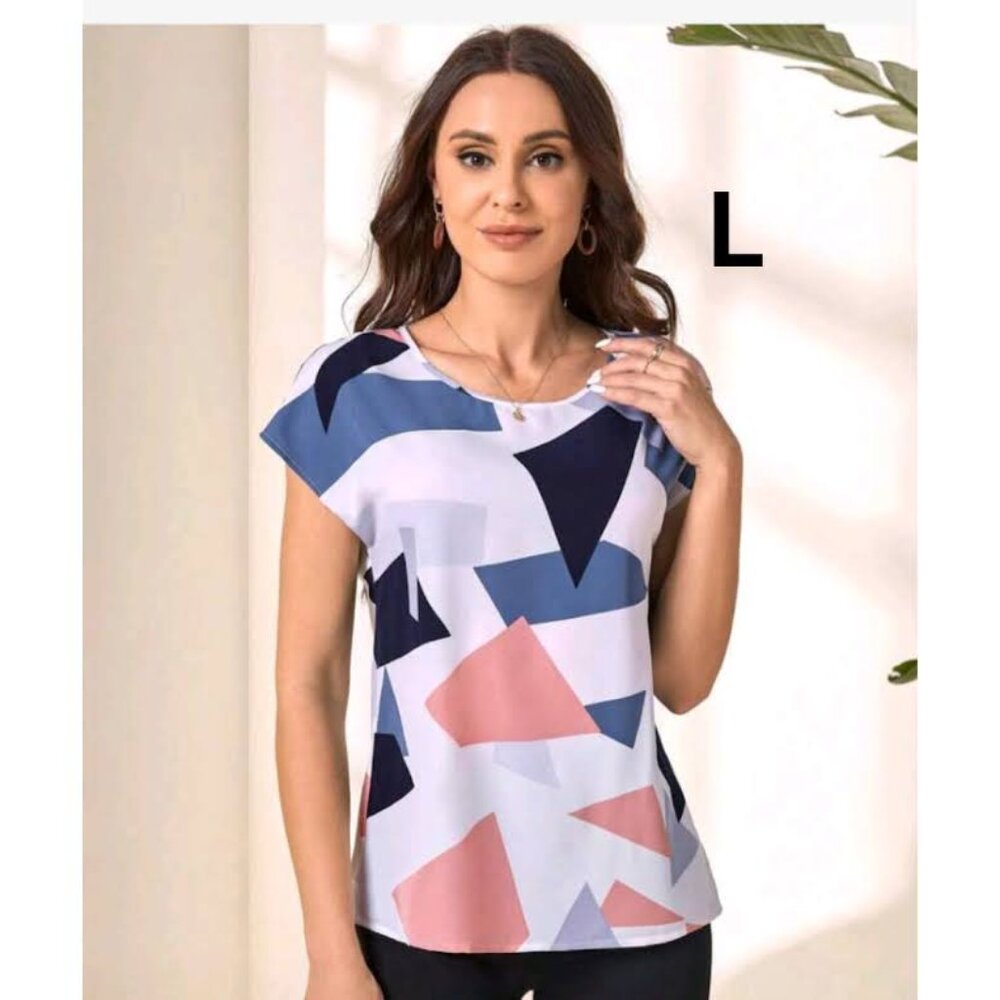 Elegant Rose Women's Abstract Print Blouse - Blue and Pink